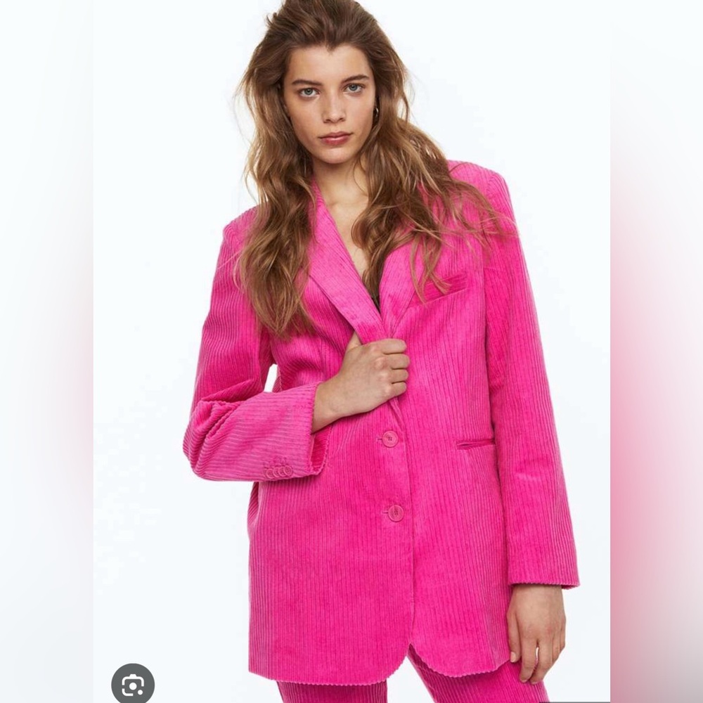 H&M BEGONIA PINK CORDUROY LONG NOTCH COLLAR BLAZER M NWT